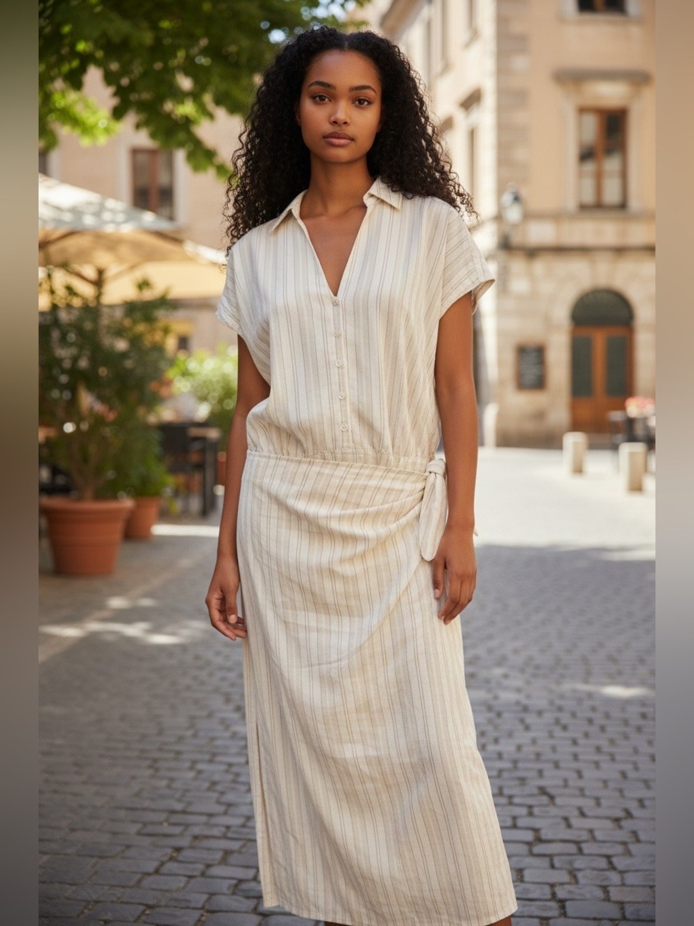 Universal Thread Lightweight Cream Stripe Tie Waist Midi Dress - Size Med